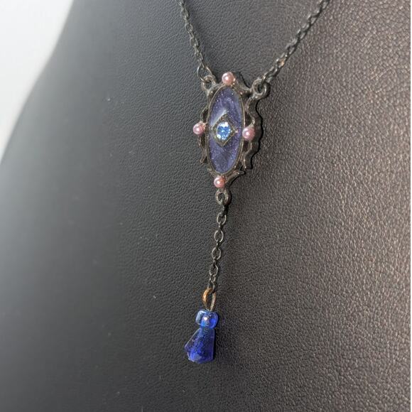 Antiqued Purple Enamel Crystal Y Drop Blackened Chain 15.5" Necklace - Picture 3 of 6